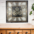 The Gears Clock 24'' Inch Square Real Moving Gear Wall Clock Vintage Industrial Oversized Rustic Farmhouse (Vintage Black)