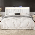 SHA CERLIN King Size Bed Frame with Charging Station and LED Lights, Modern Velvet Platform Bed with Upholstered Geometric Wingback Headboard, No Box Spring Needed, Easy Assembly, White