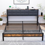 Queen Metal Bed Frame with Ergonomic Upholstered Headboard and Charging Station, Platform Bed Frame with Storage Shelves, Heavy Duty Metal Slats, No Box Spring Needed, Brown+Grey