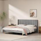 King Size Upholstered Platform Bed Frame with Modern Wingback & Vertical Panel Headboard, Velvet Fabric, Wooden Legs & Slats Support, No Box Spring Needed, Noise-Free & Easy Assembly, Grey
