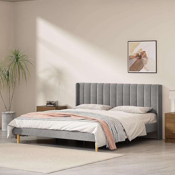 King Size Upholstered Platform Bed Frame with Modern Wingback & Vertical Panel Headboard, Velvet Fabric, Wooden Legs & Slats Support, No Box Spring Needed, Noise-Free & Easy Assembly, Grey