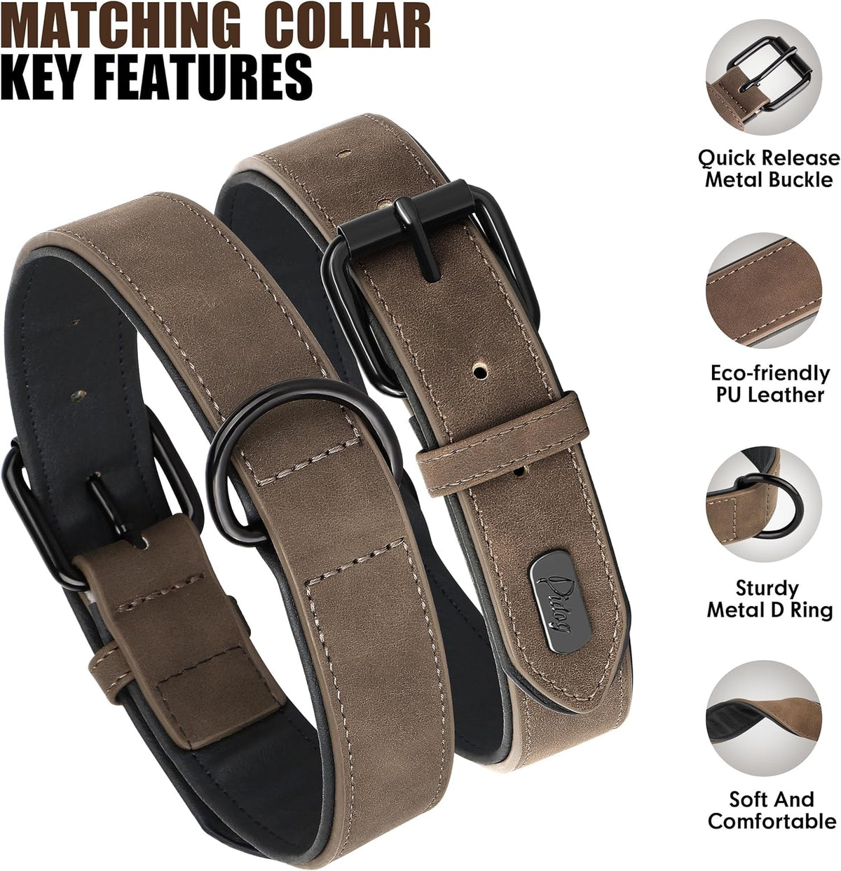 Didog Soft Padded Leather Dog Collar and Leash Set, Adjustable Dog Leash and Collar Set with Metal Buckle, Breathable Dog Collars with 4FT Leather Dog Leash for Small Medium Large Dogs, Brown, XL
