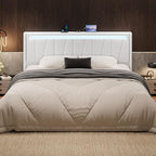 SHA CERLIN King Size Bed Frame with Charging Station and LED Lights, Modern Velvet Platform Bed with Upholstered Geometric Wingback Headboard, No Box Spring Needed, Easy Assembly, White