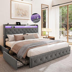 BRELTAM King Size Bed Frame with 4 Storaged Drawers Upholstered Velvet Bed Frame with LED and Charging Station,Platform Bed Frame with Headboard Heavy Duty Wood Slats, Noise Free, Easy Assembly,Grey