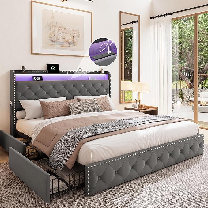 BRELTAM King Size Bed Frame with 4 Storaged Drawers Upholstered Velvet Bed Frame with LED and Charging Station,Platform Bed Frame with Headboard Heavy Duty Wood Slats, Noise Free, Easy Assembly,Grey
