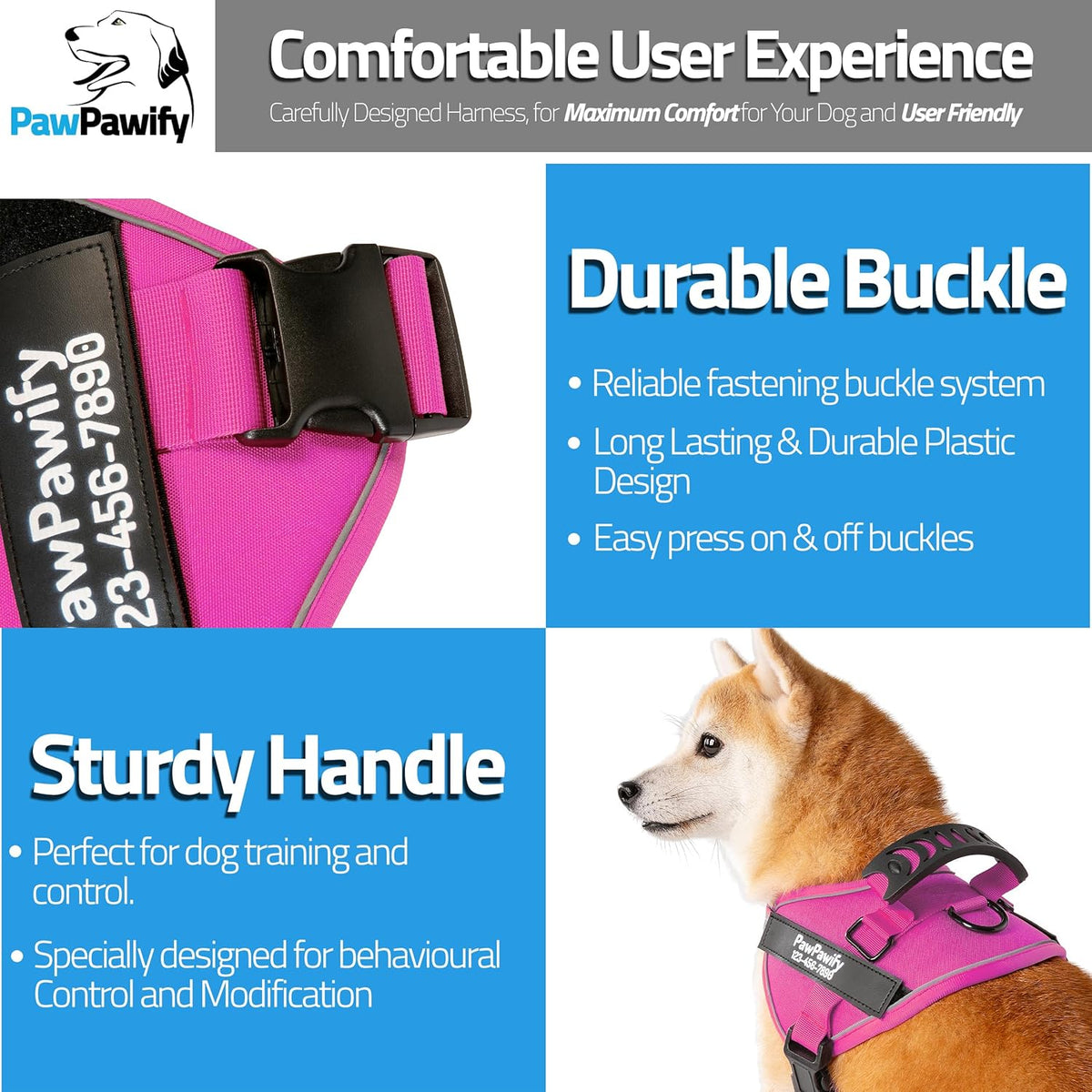PawPawify Custom No Pull Dog Harness with Name and Phone Number, Heavy Duty Personalized Pet Vest to Prevent Tugging, Pulling, or Choking, Training and Walking (New Pink, XL (60-85 LBS))