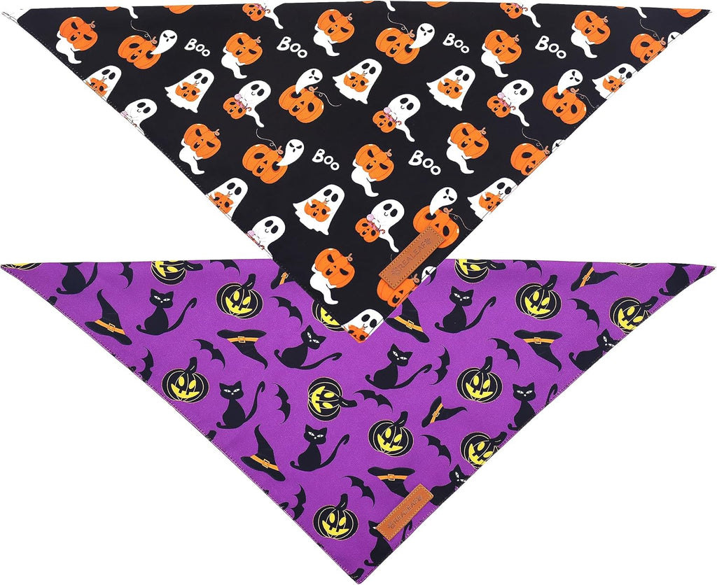 Realeaf Halloween Dog Bandanas 2 Pack, Reversible Orange Pumpkin Pet Scarf for Boy and Girl, Premium Durable Fabric, Holiday Bandana for Small Medium Large and Extra Large Dogs (Large)