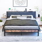 Queen Metal Bed Frame with Ergonomic Upholstered Headboard and Charging Station, Platform Bed Frame with Storage Shelves, Heavy Duty Metal Slats, No Box Spring Needed, Brown+Grey
