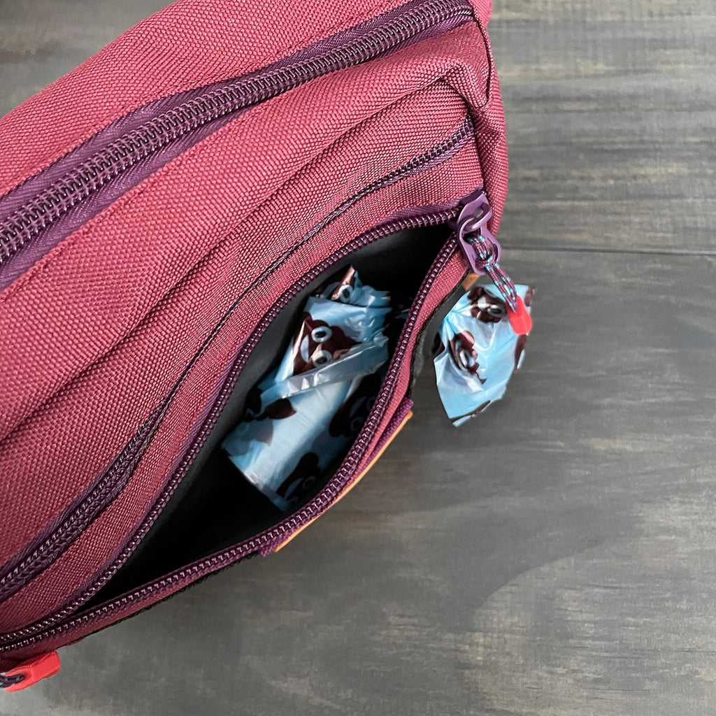 Wilderdog Utility Fanny Pack stores Treats, Balls, Keys in 3 Pockets with adjustable strap and Poop Bag dispenser (Huckleberry)