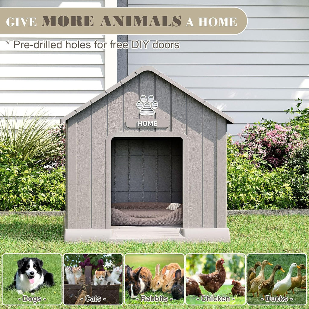 Large Dog House Outdoor Indoor for Medium Large Dogs, Durable Plastic Waterproof Doghouse with Air Vents and Elevated Floor, Easy Clean and Assemble (Grey, 31" L x 33.3" W x 33.5" H)