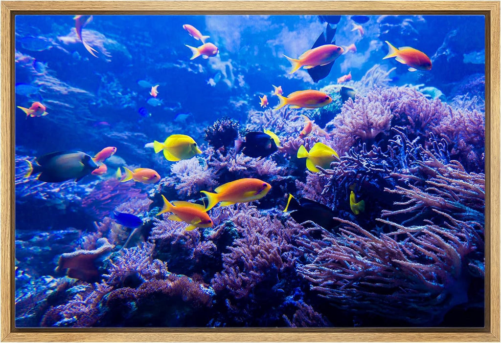 wall26 Framed Canvas Print Wall Art Purple Blue Vibrant Anemone Coral Reef Fish Nature Animals Realism Rustic Scenic Landscape Wilderness Colorful for Living Room, Bedroom, Office - 24"x36" Natural