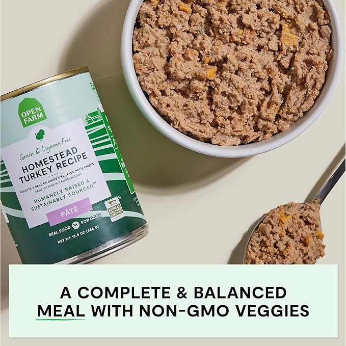 Open Farm Canned Dog Food, Pate for Complete & Balanced Nutrition, Grain Free and Legume-Free, Homestead Turkey Recipe, 12.5oz Cans (Pack of 12)