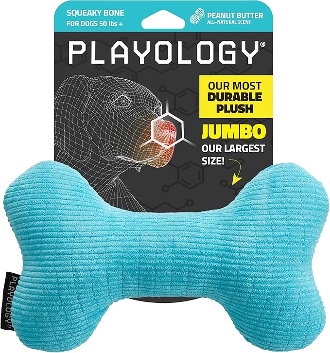 Playology Dog Toys | Plush Squeaky Bone Chew Toy for Dogs | Jumbo Peanut Butter Scented Toy - Easy to Clean and Made from Non Toxic Materials