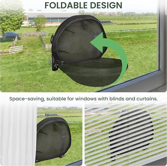 Cat Window Perch, Foldable Cat Hammock with Sunken Design, Breathable Cordless Window Bed with Stud Metal Frame for Large Cats and Kitten (Black Deep Perch, Medium)