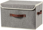 Storage Boxes with Lid Cotton Linen Fabric Storage Bins Organizer Container Decorative Collapsible Washable Shelf Baskets Faux Leather Handles for Home Bedroom Closet (Gray, Large Size)