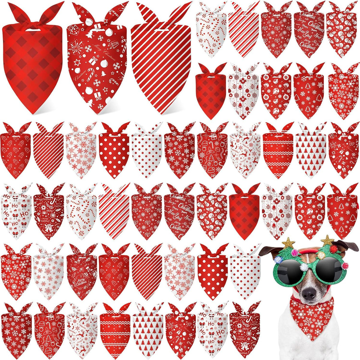 Abbylike 50 Pcs Christmas Dog Bandanas Bulk Xmas Red and White Bandanas for Dogs Triangle Kerchief Bibs Scarf Set for Pet Christmas Costume Photo Props Accessories Pet Shops (25.6 x 17.7 x 17.7)