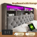 EnHomee Full Size Bed Frame with 4 Storage Drawers and Headboard Upholstered,Wooden Full Bed Frame with Charging Station and LED Light,NO Noise,No Box Spring Needed,Gray
