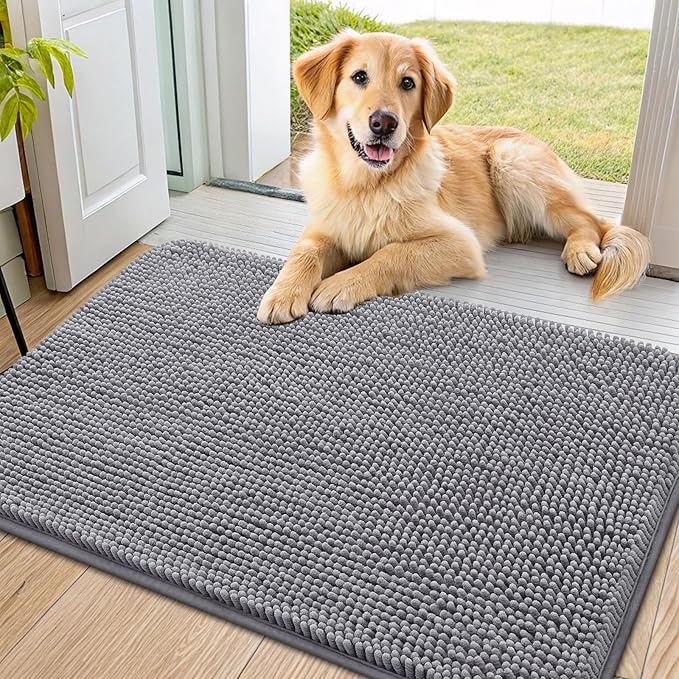 Smiry Dog Door Mat for Muddy Paws 40x24, Absorbs Moisture and Dirt Doormat, Non-Slip Washable Quick Dry Chenille Front Door Mat Indoor Entrance, Entryway Carpet for Inside Floor, Grey
