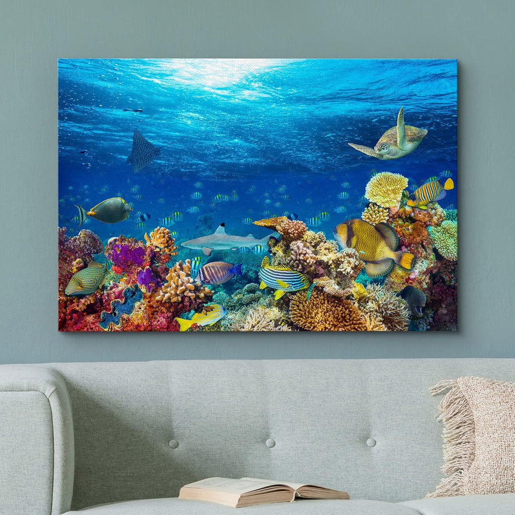 wall26 Canvas Print Wall Art Vibrant Sunshine Ray Coral Reef Turtle Fish Nature Animals Photography Realism Rustic Scenic Landscape Wilderness Colorful for Living Room, Bedroom, Office - 12"x18"