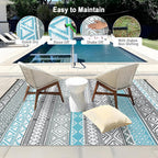 GAOMON Outdoor Rug 9'x12' Waterproof Rug for Patio Decor, Foldable Reversible Plastic Straw Area Rugs Mat for Camper, Outside Carpet for Deck, Porch, Picnic, Beach, Blue/Grey(Bohemia)