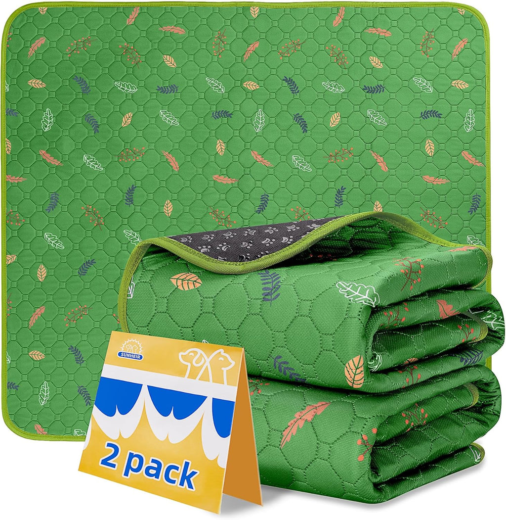 Sunheir Washable Pee Pads for Dogs 2-Pack Reusable Puppy Pads Pet Training Pads, Waterproof Dog Pee Pads for Crate, Whelping Pad, Non-Slip Protects Against Urine Leakage (Leaves - Green, 18x24)