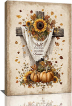Christian Fall Wall Art Autumn Rustic Cross Sunflower Pumpkin Wall Decor Fall for Jesus He Never Leaves Pictures Painting Print Framed Artwork Decorations Gifts for Living Room Bedroom Prayer Room Office 16"x24"