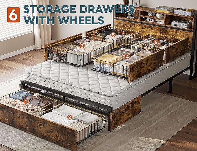EnHomee Full Size Bed Frame with 6 Storage Drawers Full Bed Frame with Headboard, with Charging Station, No Noise, No Box Springs Needed, Vintage Brown