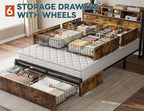 EnHomee Full Size Bed Frame with 6 Storage Drawers Full Bed Frame with Headboard, with Charging Station, No Noise, No Box Springs Needed, Vintage Brown