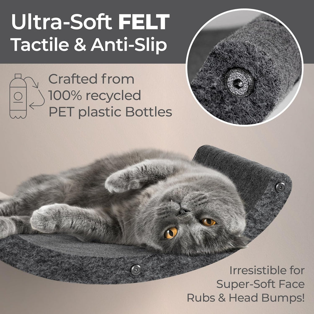 Wall Mounted Cat Shelves (Set of 4) by Pryde Pets - 100% Sustainable PET Felt Feline Enrichment Climber Furniture for Small & Large Indoor Cats, Modern Climbing Gym Jungle Design (Charcoal)