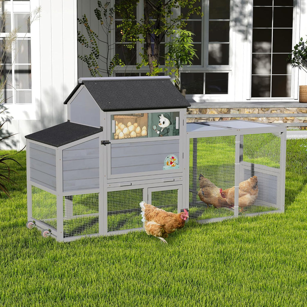 COZIWOW 82" Large Wooden Chicken Coop, Outdoor Rabbit Hutch with Wheels, Sunshine Board, Asphalt Roof, Ramp, Openable Top, Door, Window, Pull-Out Tray, Indoor Bunny Cage (Gray with Pattern)