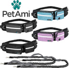 PetAmi Hands Free Dog Leash, Dog Running Leash Belt Bag for Walking, Jogging, Dog Waist Double Zipper Pouch with Poop Bag Dispenser, Dual Padded Handles Reflective Bungee Leash, Double (Charcoal Grey)