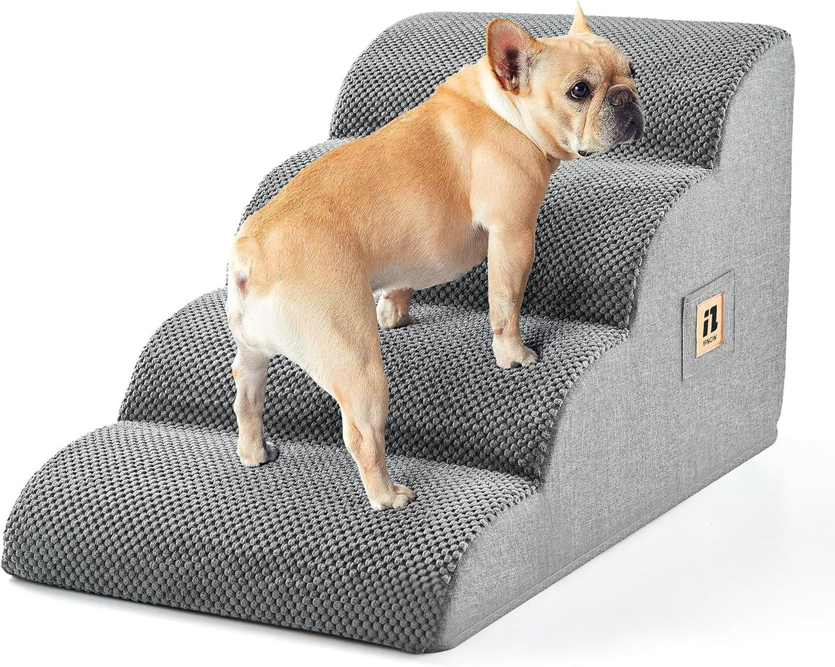 IFNOW Dog Stairs for Small Dogs, 4-Step Sturdy Dog Steps for Bed, Couch, Sofa, Waterproof Pet Stairs for Older Cats, Puppy, Removable Washable Cover, Non-Slip Curved Pet Ramp Indoor, Grey