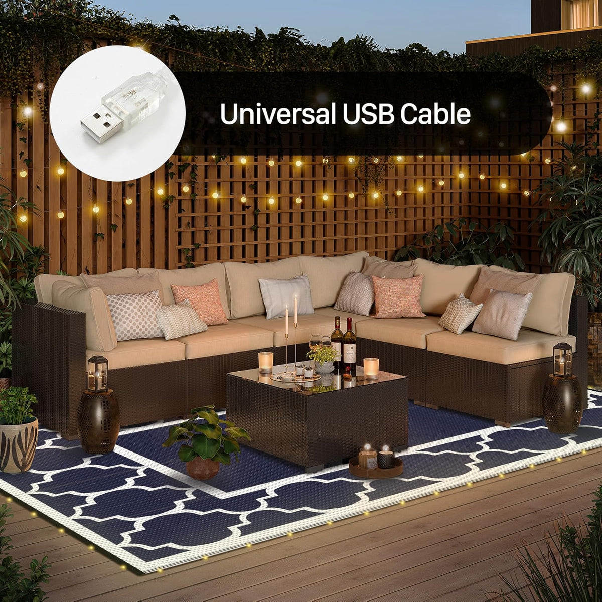 GENIMO 6' x 9' Outdoor Rug Waterproof for Patio Decor, Foldable Reversible Plastic Straw Area Rugs Mat with String Light, Led Carpet for Camper, Rv, Deck, Porch, Picnic, Beach, Balcony, Blue & White