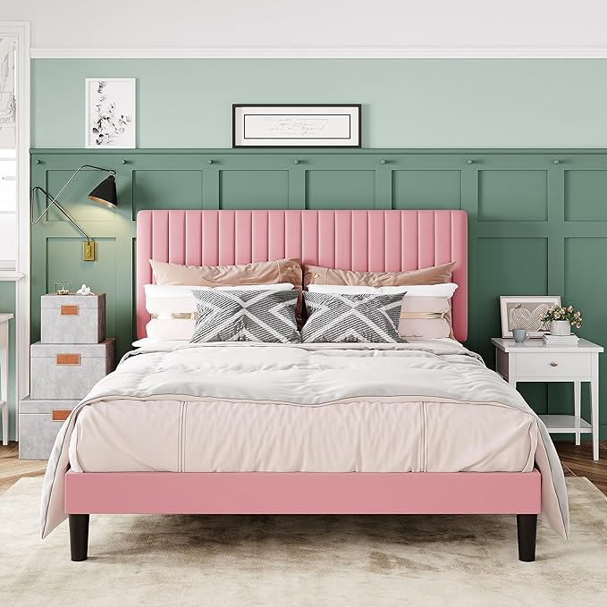 Allewie Full Bed Frame, Velvet Upholstered Platform Bed with Adjustable Vertical Channel Tufted Headboard, Mattress Foundation with Strong Wooden Slats, Box Spring Optional, Easy Assembly, Pink
