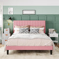 Allewie Full Bed Frame, Velvet Upholstered Platform Bed with Adjustable Vertical Channel Tufted Headboard, Mattress Foundation with Strong Wooden Slats, Box Spring Optional, Easy Assembly, Pink
