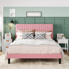 Allewie Full Bed Frame, Velvet Upholstered Platform Bed with Adjustable Vertical Channel Tufted Headboard, Mattress Foundation with Strong Wooden Slats, Box Spring Optional, Easy Assembly, Pink