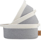 NaturalCozy 3-Piece Oval Storage Basket Set– Soft Natural Rope Woven Baskets for Storage Shelf, Toy, Nursery, Gift, Baby Shower, Pets Cat Dog Bins | Small Basket for Organizing (Off White & Gray)