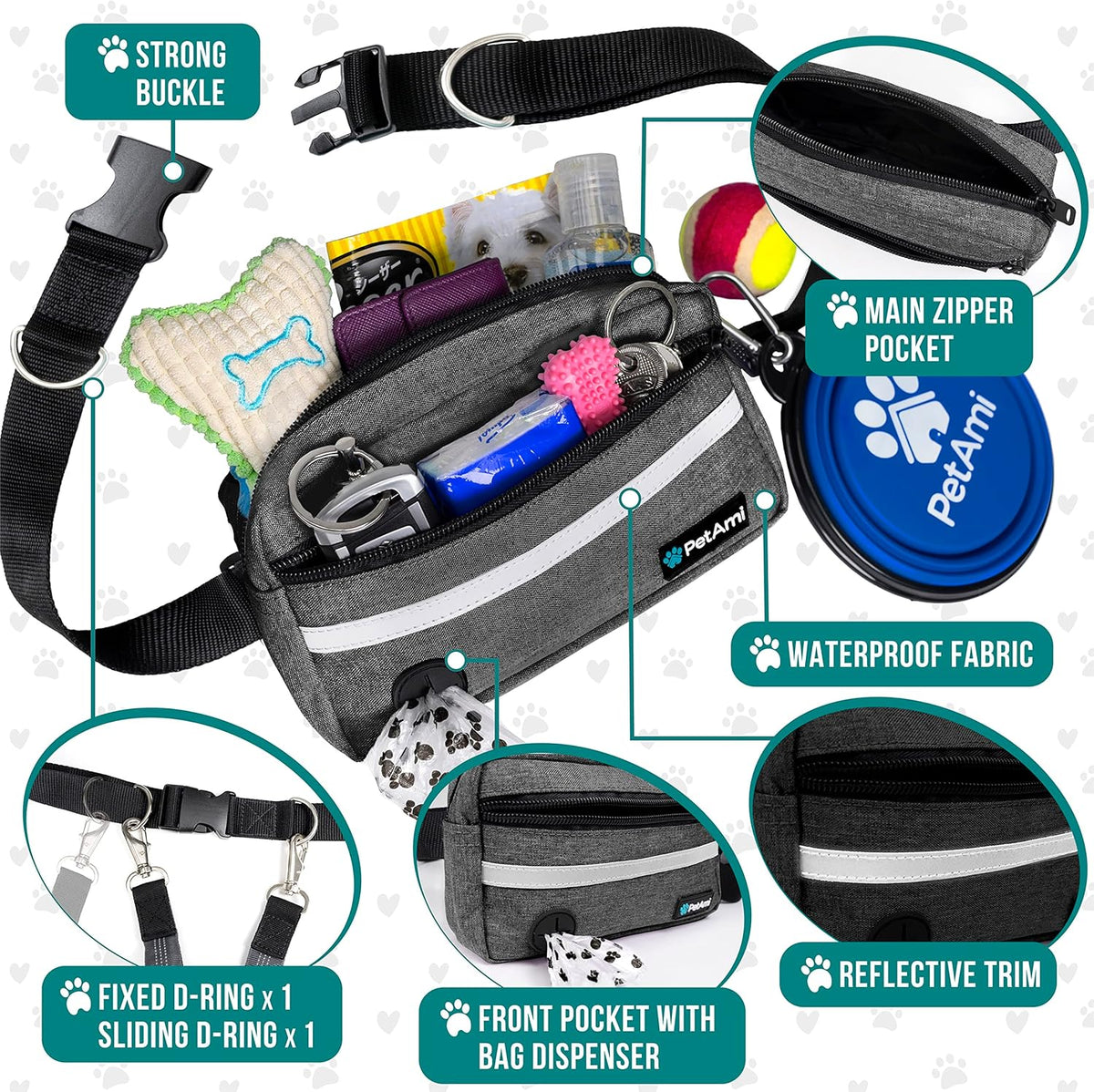 PetAmi Hands Free Dog Leash, Dog Running Leash Belt for Walking, Jogging, Dog Waist Zipper Pouch with Poop Bag Dispenser, Dual Padded Handles, Reflective Durable Bungee Leash, Single, Charcoal Grey
