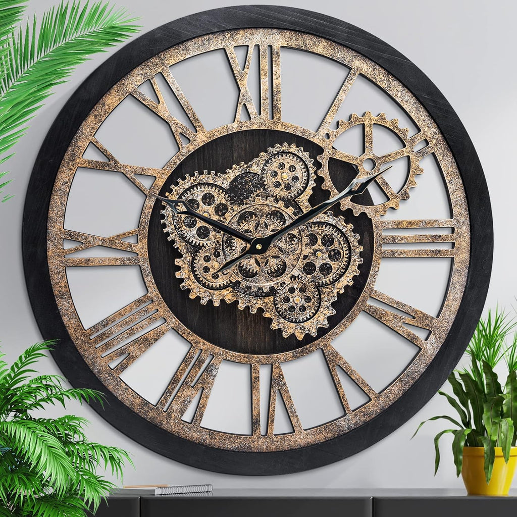 HOIBAI Large Wall Clock, 24 Inch Wall Clocks for Living Room Decor Farmhouse Vintage Rustic Kitchen Wall Decor Vintage Roman Big Oversized Wall Clock for Home Bedroom House Office, Moving Gears Clock