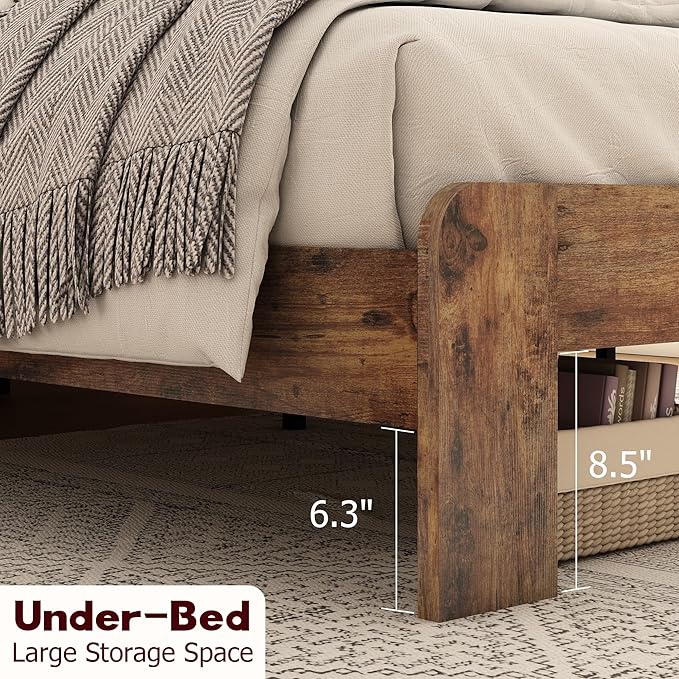 Wooden Queen Size Bed Frame with Storage Headboard, Farmhouse Platform Bedframe with Charging Station & Led Lights, Sturdy Wood Slat Framework, Easy Assembly (Rustic Brown Led)