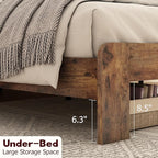 Wooden Queen Size Bed Frame with Storage Headboard, Farmhouse Platform Bedframe with Charging Station & Led Lights, Sturdy Wood Slat Framework, Easy Assembly (Rustic Brown Led)