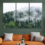 Nature Wall Art Prints - Ocean Forest Mountain Lake Canvas Landscapes - Small to Extra Large Living Room Bedroom Kitchen Bathroom Décor (Pine Trees in Fog, 55L" x 83W"- 3 Panels)