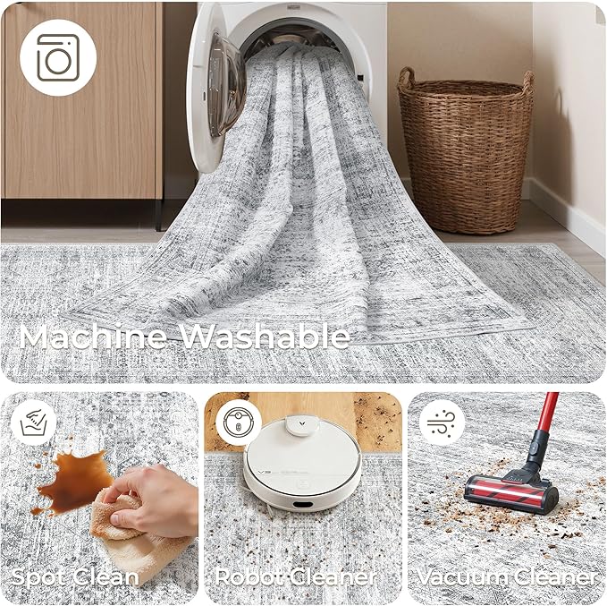 4x10 Runner Rug, Washable Hallway Runner Rug with Non-Slip Backing, Low Pile Wide Runner for Living Room, Entryway, Kitchen, Soft Modern Home Decor Mat for Dining Room(4'x10', Grey/Ivory)