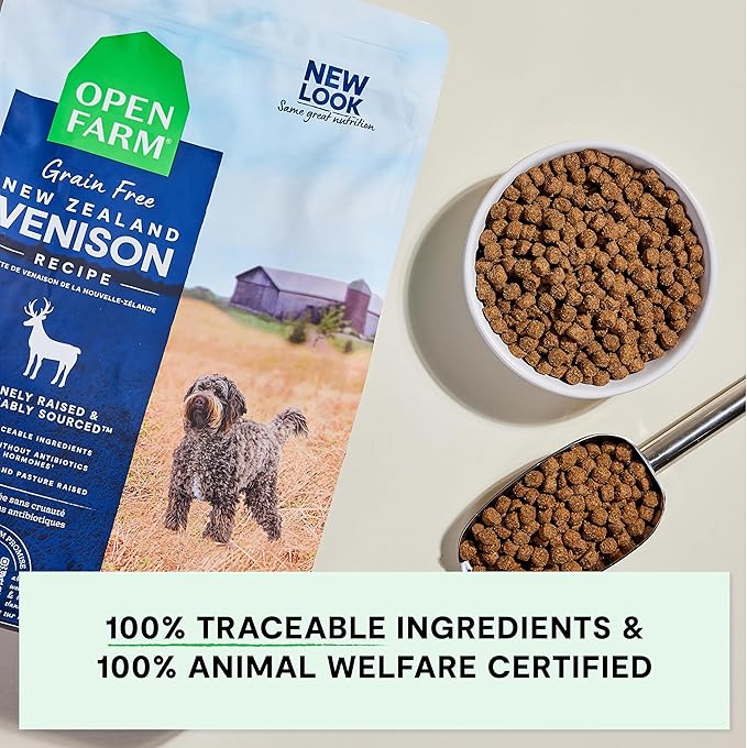 Open Farm, Grain-Free Dry Dog Food, Complete & Balanced Kibble, Sustainably & Ethically Sourced Ingredients, Non-GMO Veggies & Superfoods Support Overall Health, New Zealand Venison Recipe, 11lb Bag