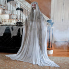 Fun Express Standing Ghost Girl Halloween Decoration, 5 feet 7 inch, Plastic and Metal, Flashing Red Eyes with Tatterered Gown, Great for Indoor, Outdoor and Porch Halloween Spooky Decor - White