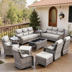 Belord Luxury 6" Thick Cushioned 11 Pieces Patio Furniture Set with Outdoor Couch, Wicker Outdoor Conversation Set with High Back Swivel Rocker Chairs for Deck Porch Yard and Poolside - Grey+Beige
