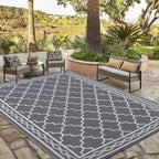 GAOMON Outdoor Rugs Patio Camping Waterproof Rug 6'x9' Plastic Straw Patio Rug Portable for Campers, Outside RVs Mat for Patios Clearance, Backyard Porch, Balcony, Grey/White(Geometric)