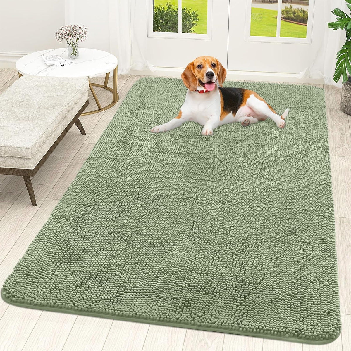 OLANLY Dog Door Mat for Muddy Paws 70x46, Absorbs Moisture and Dirt, Absorbent Non-Slip Washable Doormat, Quick Dry Chenille Mud Mat for Dogs, Entry Indoor Entryway Carpet for Inside Floor, Sage Green