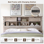 Farmhouse Queen Size Bed Frame with 54" Tall Storage Bookcase Headboard, 18" Roman Column Decoration Footboard,2 Drawer & 4 Storage Rack,Wood Platform Bed Frame, No Box Spring Needed(Light Rustic Oak)