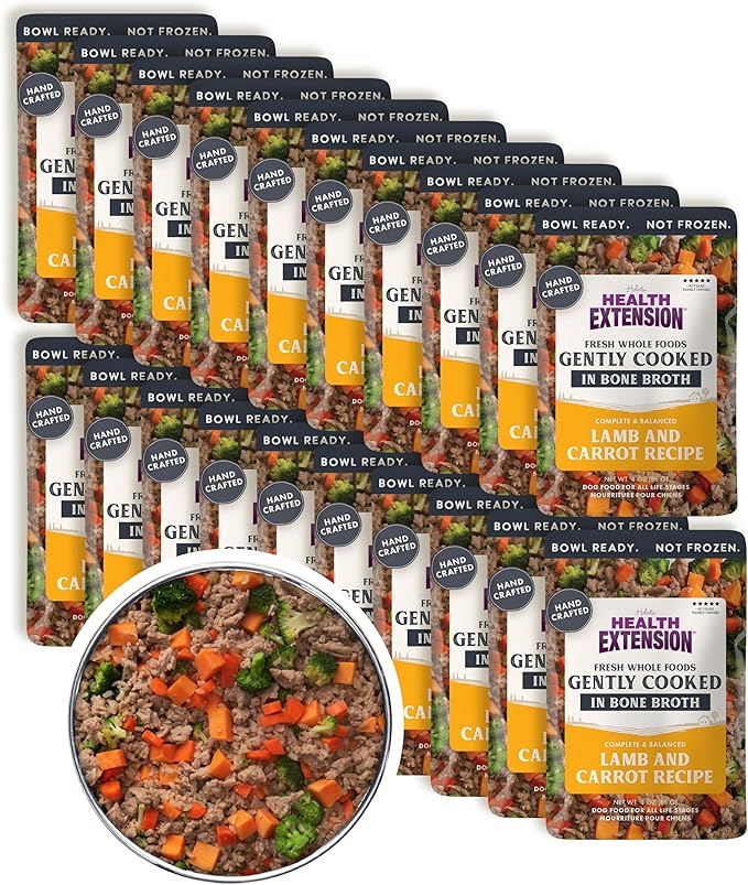 Health Extension Gently Cooked Lamb & Carrot Dog Food, Human-Grade & Shelf-Stable with Superfoods, Supports Digestion, Immunity, Skin & Coat, 3 oz Pouch (Pack of 20)